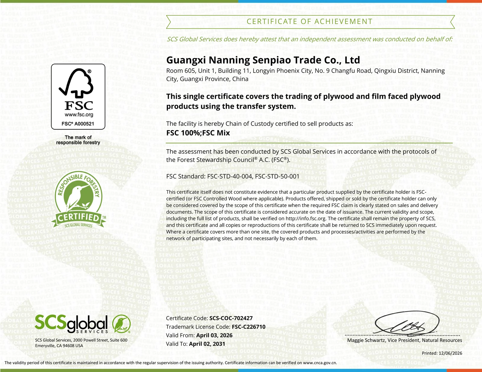 Senpiao Trading FSC certificate full image